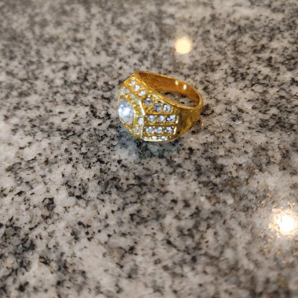 Simulated diamonds, gold plated men's pinky signet ring Size